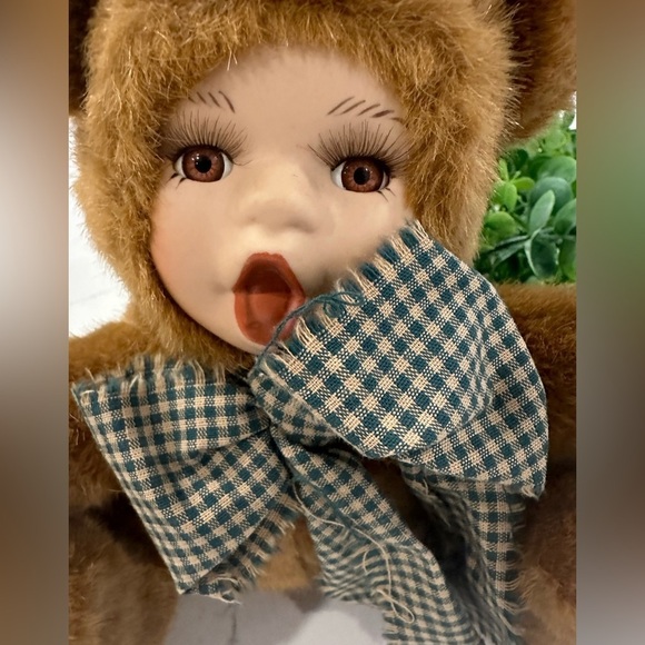 Vintage Oriental  Trading Company Plush Porcelain Baby Doll Bear 9" Surprise Bow - Picture 2 of 8